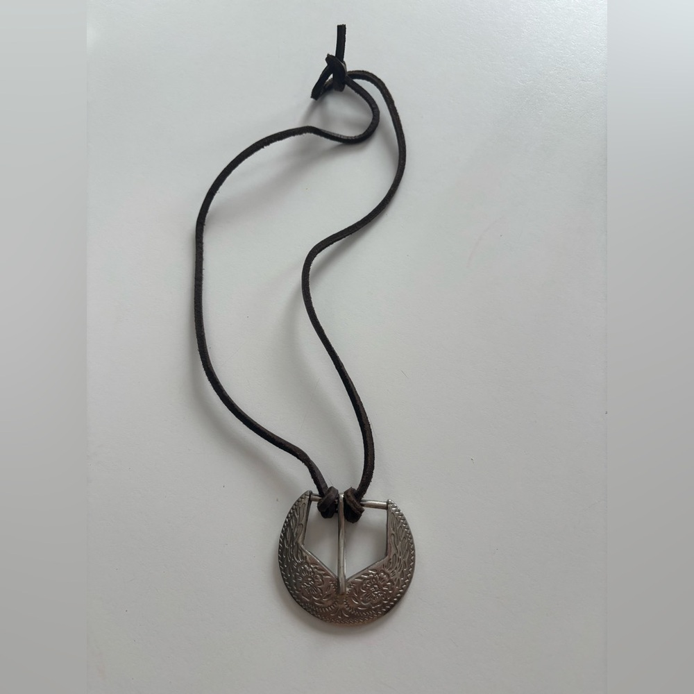 SILVER BELT BUCKLE NECKLACE WITH BROWN CORD